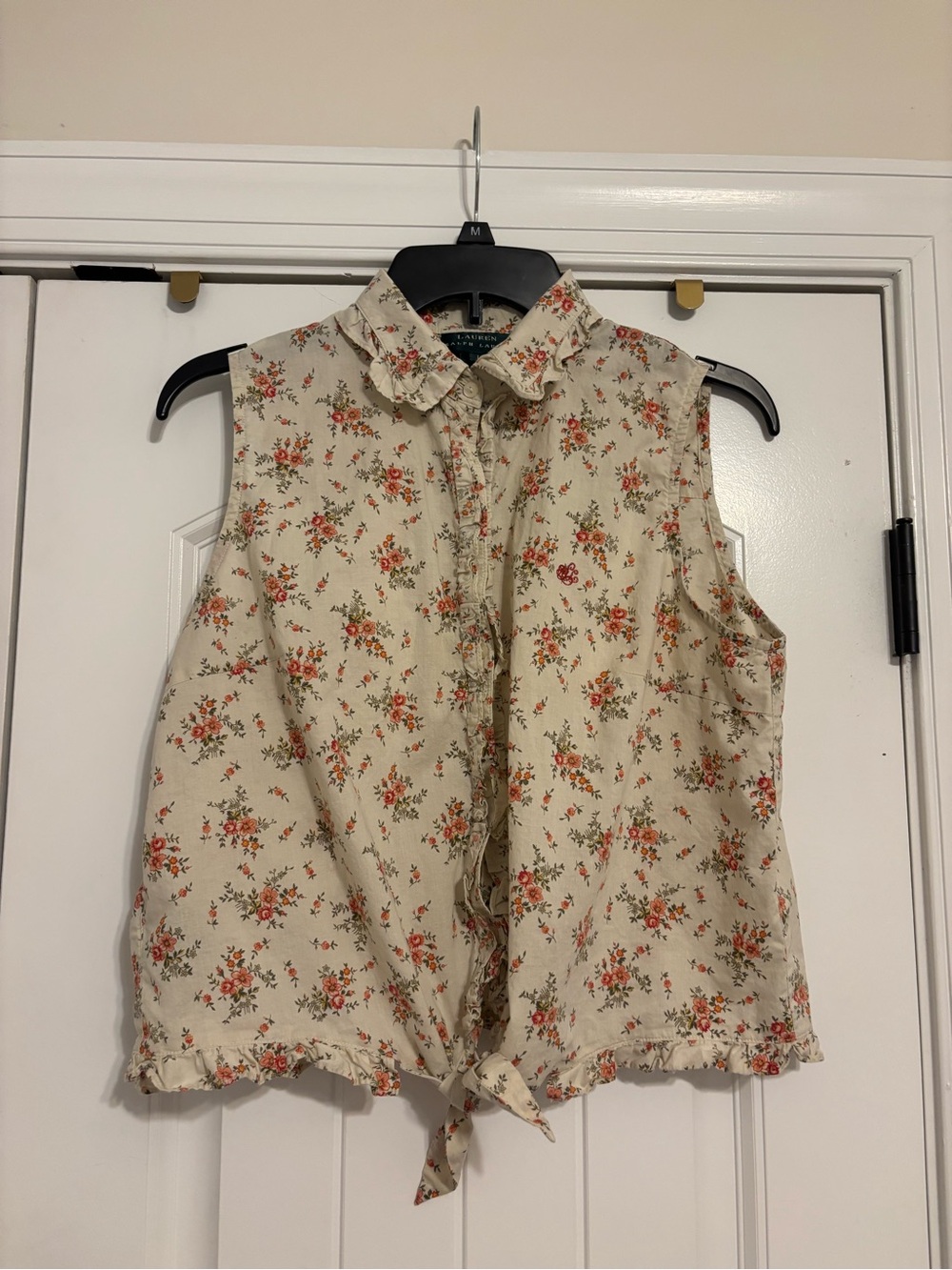 Lauren Ralph Lauren Cream Floral Sleeveless Tie-Front Button Shirt